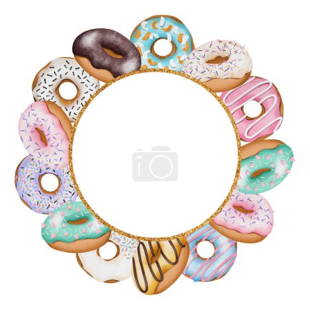 Photo for Round frame of colorful glazed donuts, hand drawn illustration on white background; flyer, poster, menu background - Royalty Free Image