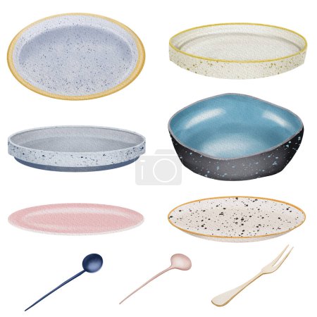 Foto de Set of ceramic plates, dessert spoons and forks illustration, plates clipart, isolated illustration on white background - Imagen libre de derechos