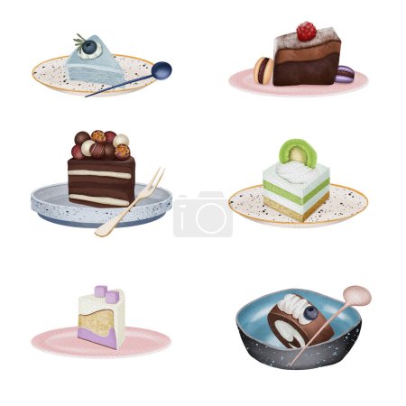 Téléchargez les photos : Set of watercolor aesthetic desserts and confectionery in plates, baking clipart, isolated illustrations on white background - en image libre de droit