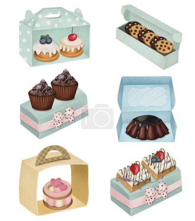 Téléchargez les photos : Set of watercolor aesthetic desserts and confectionery in packaging boxes, baking clipart, isolated illustrations on white background - en image libre de droit