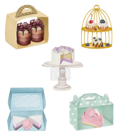 Téléchargez les photos : Set of watercolor aesthetic desserts and confectionery in packaging boxes and cake stands, baking clipart, isolated illustrations on white background - en image libre de droit