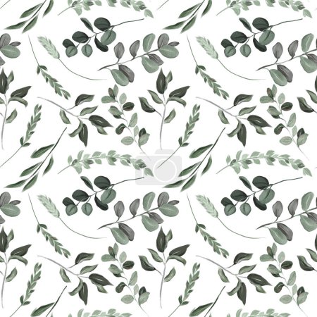Photo for Seamless pattern of watercolor eucalyptus branches and greenery, illustration on a white background - Royalty Free Image