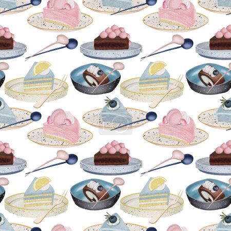 Téléchargez les photos : Seamless pattern of watercolor aesthetic desserts and confectionery in plates, illustration on white background - en image libre de droit