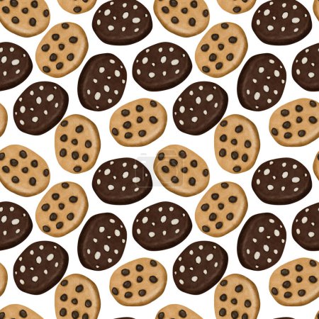 Photo for Seamless pattern of watercolor cookies with chocolate chips, illustration on white background - Royalty Free Image