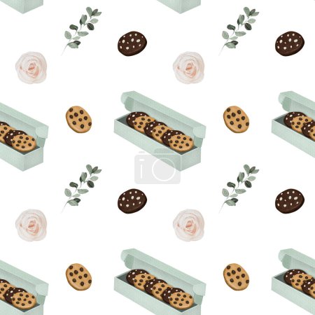 Téléchargez les photos : Seamless pattern of watercolor cookies with chocolate chips, roses and eucalyptus branches, illustration on white background - en image libre de droit