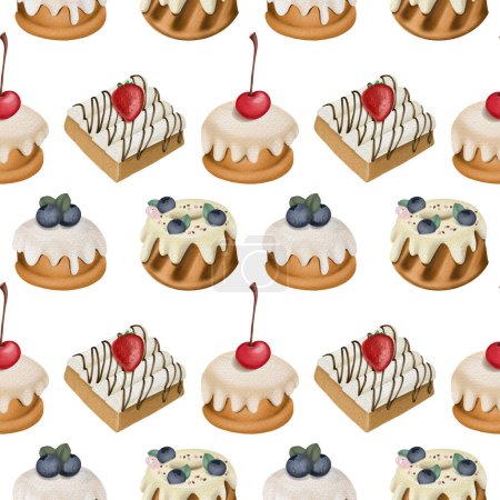 Photo for Seamless pattern of watercolor fruit cakes and waffles, illustration on white background - Royalty Free Image