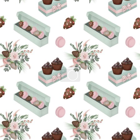 Photo for Seamless pattern of watercolor aesthetic chocolate muffins, macaroons and strawberry in chocolate at mint packing boxes, illustrations on white background - Royalty Free Image