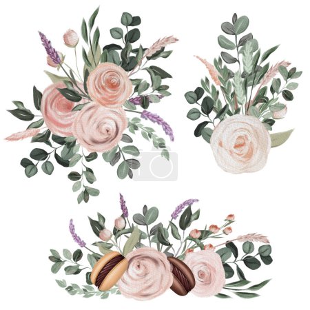 Téléchargez les photos : Watercolor rose bouquets with macaroons, isolated illustration on a white background - en image libre de droit