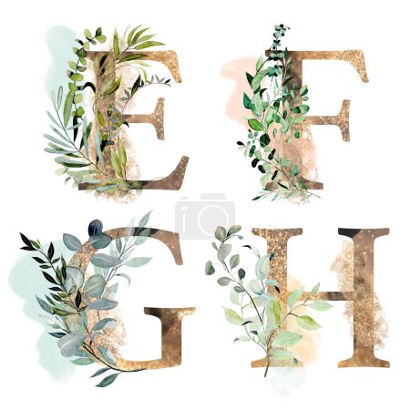 Foto de Conjunto de letras de oro E-H con ramas de eucalipto y vegetación acuarela, ilustración aislada sobre fondo blanco, para monograma de boda, tarjetas de felicitación, logotipo - Imagen libre de derechos