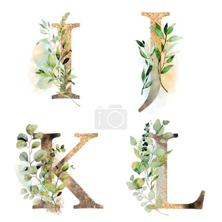 Photo for Set of gold letters I-L with watercolor eucalyptus and greenery branches, isolated illustration on white background, for wedding monogram, greeting cards, logo - Royalty Free Image