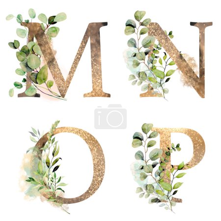 Photo for Set of gold letters M-P with watercolor eucalyptus and greenery branches, isolated illustration on white background, for wedding monogram, greeting cards, logo - Royalty Free Image