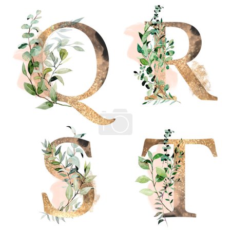Foto de Conjunto de letras de oro Q-T con ramas de eucalipto y vegetación acuarela, ilustración aislada sobre fondo blanco, para monograma de boda, tarjetas de felicitación, logotipo - Imagen libre de derechos