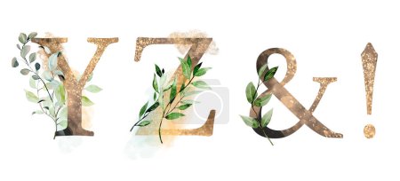Foto de Set of gold letters Y, Z, & with watercolor eucalyptus and greenery branches, isolated illustration on white background, for wedding monogram, greeting cards, logo - Imagen libre de derechos