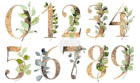 Foto de Set of gold numbers with watercolor eucalyptus and greenery branches, isolated illustration on white background, for wedding monogram, greeting cards, logo - Imagen libre de derechos