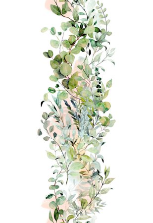 Foto de Vertical seamless border of watercolor greenery and eucalyptus branches, illustration on a white background - Imagen libre de derechos