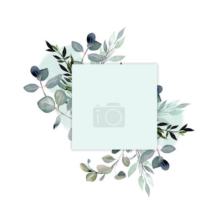 Téléchargez les photos : Cadre carré décoré avec des branches de verdure aquarelle, dessiné à la main sur un fond blanc - en image libre de droit