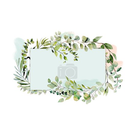 Téléchargez les photos : Cadre rectangulaire orné d'eucalyptus aquarelle et de branches vertes, dessiné à la main sur un fond blanc - en image libre de droit