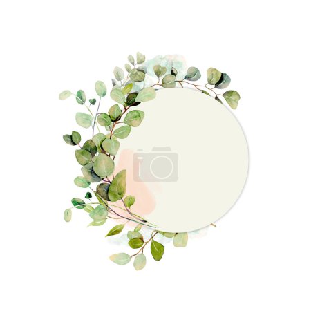 Téléchargez les photos : Cadre rond décoré avec des branches d'eucalyptus aquarelle, dessiné à la main sur un fond blanc - en image libre de droit