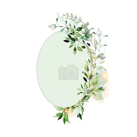 Téléchargez les photos : Cadre ovale décoré avec des branches de verdure aquarelle, dessiné à la main sur un fond blanc - en image libre de droit