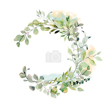 Foto de Wreath of watercolor eucalyptus and greenery branches, hand drawn on a white background - Imagen libre de derechos