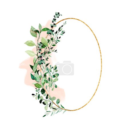 Téléchargez les photos : Cadre ovale en or orné d'eucalyptus aquarelle et de branches vertes, dessiné à la main sur un fond blanc - en image libre de droit