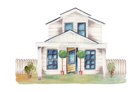 Téléchargez les photos : Watercolor illustration of white wooden farmhouse and lawn, isolated illustration on white background - en image libre de droit