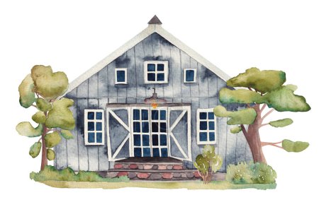 Aquarell-Illustration eines schwarzen hölzernen Bauernhauses, isolierte Illustration auf weißem Hintergrund