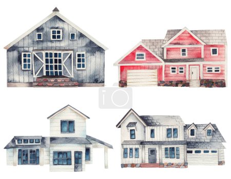 Watercolor illustrations of wooden farmhouses, isolated illustration on white background
