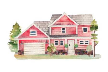 Aquarell-Illustration von rotem amerikanischen Holzhaus und Rasen, isolierte Illustration auf weißem Hintergrund