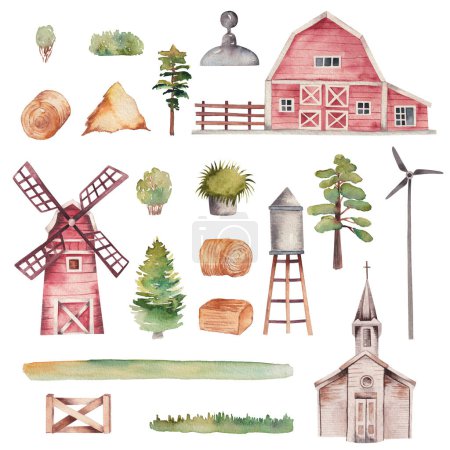 Set of watercolor red wooden barn, mill, rustic church and garden elements, isolated illustration on white background