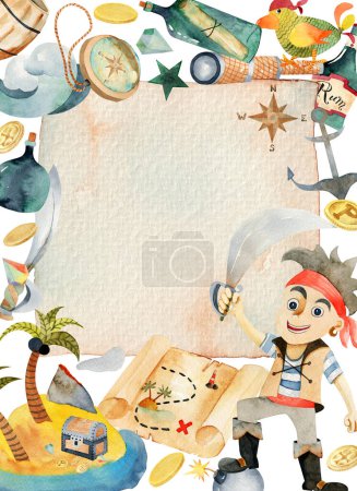 Foto de Plantilla de tarjeta con personajes y objetos piratas acuarela, Fiesta de piratas, Tarjeta de fiesta de cumpleaños - Imagen libre de derechos
