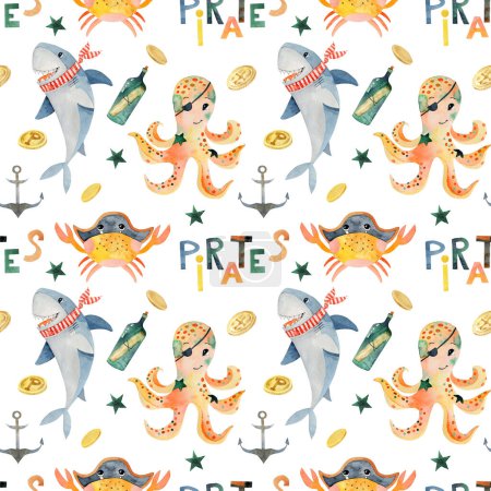 Foto de Patrón sin costuras de acuarela divertidos animales piratas (tiburón, pulpo, cangrejo), ilustración sobre fondo blanco - Imagen libre de derechos