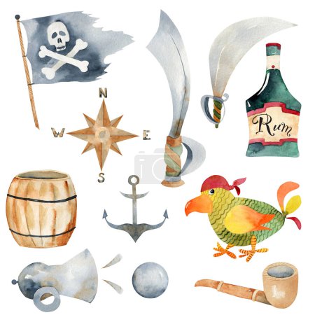 Téléchargez les photos : Set of watercolor pirates illustrations, isolated elements on white background - en image libre de droit