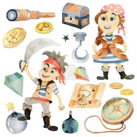 Téléchargez les photos : Set of watercolor funny pirates, pirate map, compass, coins, chest, isolated elements on white background - en image libre de droit