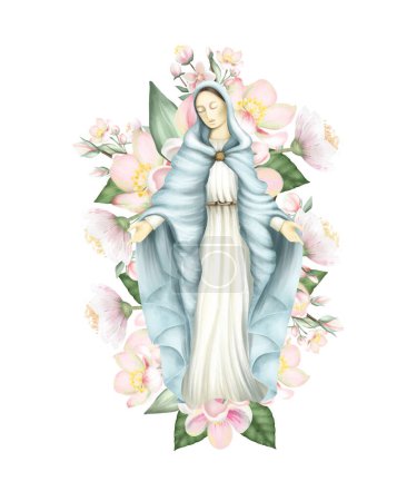 Photo for Illustration of Virgin Mary and spring apple blossom flowers, isolated illustration on white background, Easter graphic - Royalty Free Image