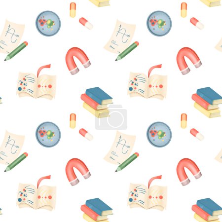 Foto de Seamless pattern of graphic elements on the science theme (medicine, biology, chemistry, physics), science icons on white background - Imagen libre de derechos