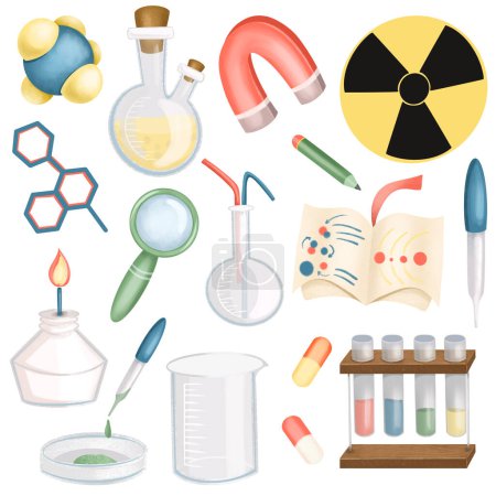 Foto de Set of graphic elements on the science theme (medicine, biology, chemistry, physics), isolated science icons on white background, science clipart - Imagen libre de derechos