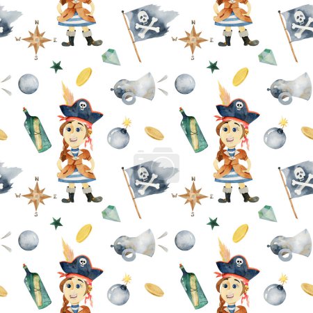Photo for Set of watercolor funny pirate girl, hand drawn illustration on white background - Royalty Free Image