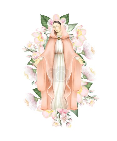 Téléchargez les photos : Illustration de la Vierge Marie et des fleurs printanières de pommier, illustration isolée sur fond blanc, graphique de Pâques - en image libre de droit