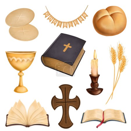 Clipart religioso, ilustración de una Biblia, cruz, cuenco, vela y otros elementos religiosos; primera comunión y clipart pascual