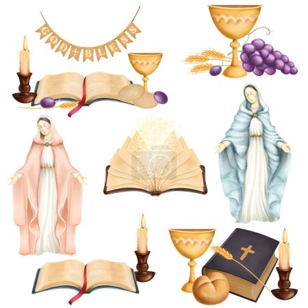 Foto de Clipart religioso, ilustración de una Biblia, Virgen María, vela y otros elementos religiosos; clipart de primera comunión - Imagen libre de derechos