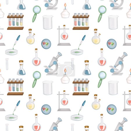 Photo for Seamless pattern of graphic elements on the science theme (medicine, biology, chemistry, physics), science icons on white background - Royalty Free Image
