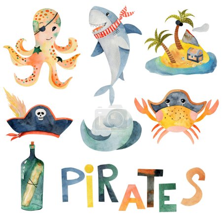 Téléchargez les photos : Set of watercolor funny animals pirates (shark, octopus, crab), isolated elements on white background - en image libre de droit