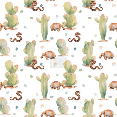 Foto de Patrón inconsútil de cactus acuarela y animales de la ilustración del desierto sobre un fondo blanco - Imagen libre de derechos