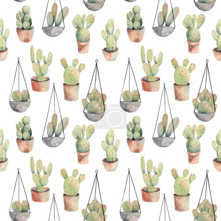 Foto de Patrón sin costuras de cactus acuarela en macetas y plantas de interior colgantes ilustración sobre un fondo blanco - Imagen libre de derechos