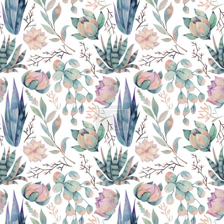 Photo for Seamless pattern of watercolor desert flowers, agave, succulents, illustration on a white background - Royalty Free Image