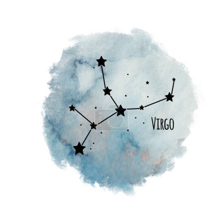 Téléchargez les photos : Constellation de signes du zodiaque Vierge sur fond aquarelle isolé sur fond blanc, caractère horoscope, constellation noire dans le ciel bleu - en image libre de droit