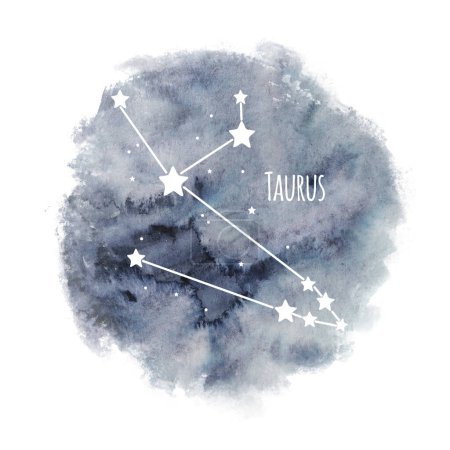 Téléchargez les photos : Constellation du signe du zodiaque du Taureau sur fond aquarelle isolé sur fond blanc, caractère horoscope, constellation blanche dans le ciel sombre - en image libre de droit