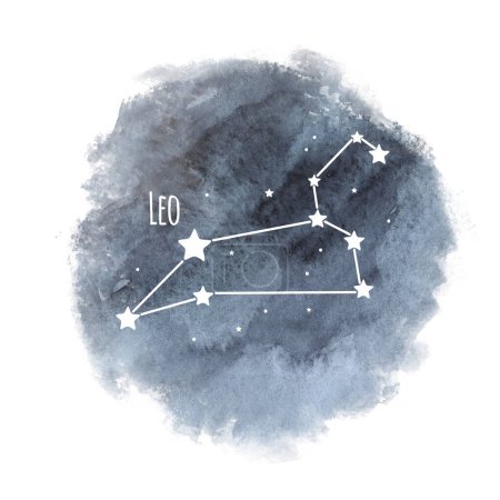 Foto de Leo signo del zodiaco constelación sobre fondo acuarela aislado en blanco, carácter horóscopo, constelación blanca en el cielo oscuro - Imagen libre de derechos