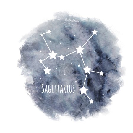 Sagittarius zodiac sign constellation on watercolor background isolated on white, horoscope character, white constellation in the dark sky